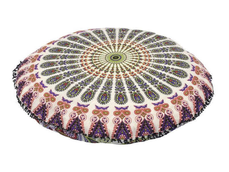 Meditační polštář, kulatý, 80x13cm, béžový, barevná paví mandala, černé třásně