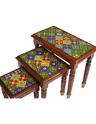 Set stoliček z palisandrového dřeva zdobená dlaždicemi, 60x33x52cm