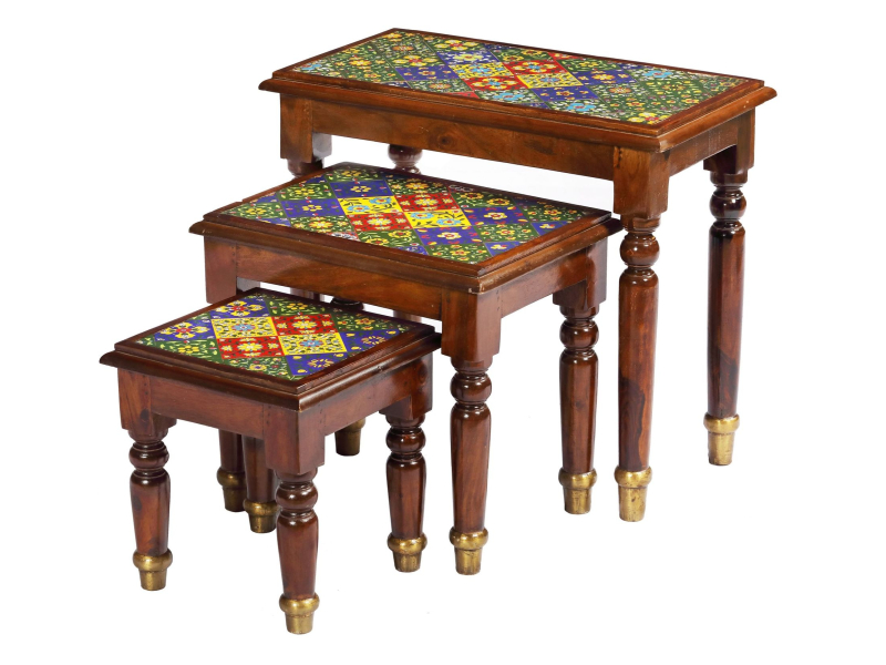 Set stoliček z palisandrového dřeva zdobená dlaždicemi, 60x33x52cm