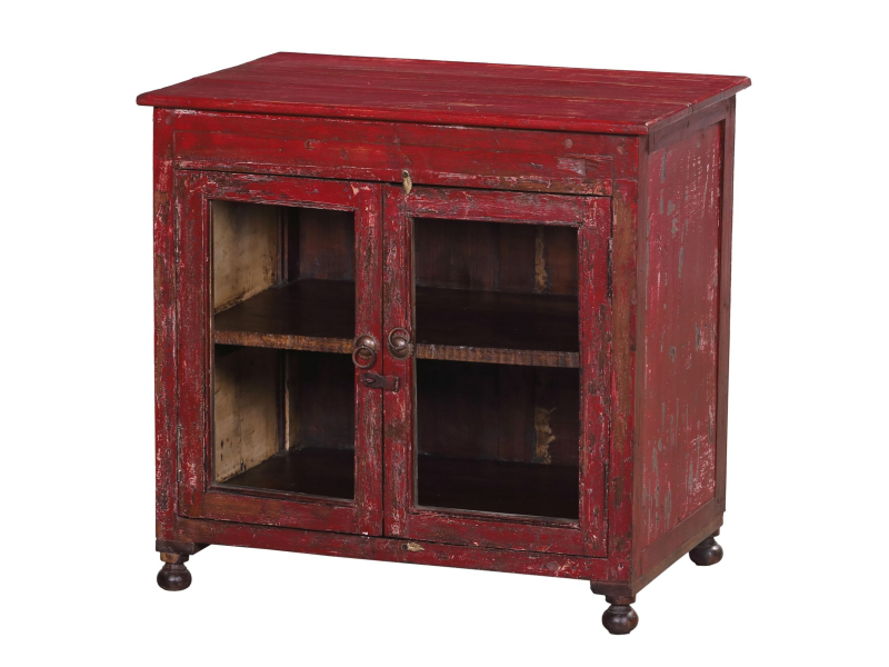 Prosklená skříňka z teakového dřeva, červená patina, 72x48x68cm