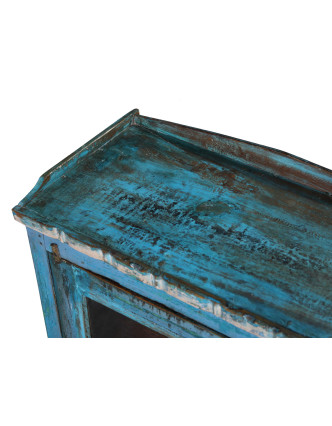 Prosklená skříňka z teakového dřeva, tyrkysová patina, 55x29x78cm