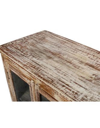 Prosklená skříňka z teakového dřeva, bílá patina, 152x46x90cm