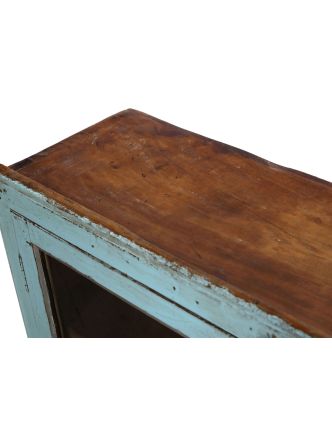 Prosklená skříň z teakového dřeva, tyrkysová patina, 216x27x96cm