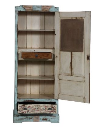 Starožitná skříň z teakového dřeva se zrcadlem, ručně malovaná, 70x46x190cm