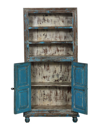 Knihovna z teakového dřeva, tyrkysová patina, 75x33x163cm