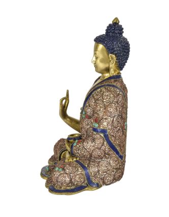 Buddha s gestem učení, mosazná socha zdobená polodrahokamy, 26x16x33cm