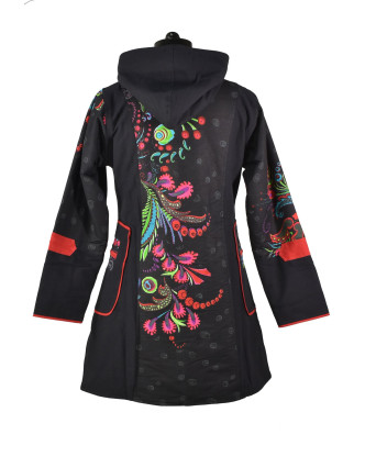 Černý kabát s kapucí a potiskem floral, kapsy, zip, výšivka
