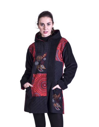 Černo-červený kabát s kapucí a potiskem Mandal, kombinace manžestr-bavlna