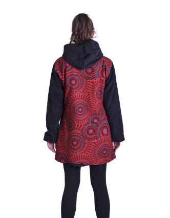 Černo-červený kabát s kapucí a potiskem Mandal, kombinace manžestr-bavlna