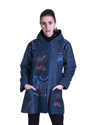 Petrolejový kabát s kapucí a potiskem Mandal, kombinace manžestr-bavlna,výšivka