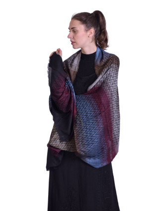 Luxusní šál z kašmírové vlny, barevný zig-zag vzor, černý, 71x204cm