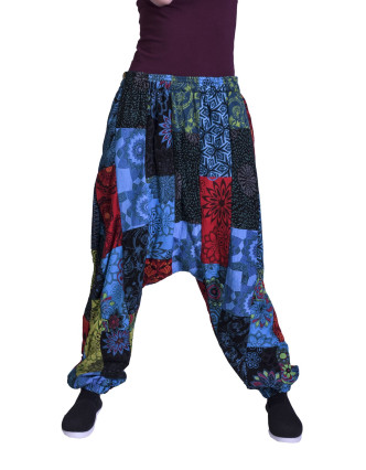 Patchworkové turecké kalhoty, multibarevné, guma v pase, kapsy