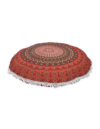 Meditační polštář, kulatý, 80x13cm, červený, paví mandala, bílé třásně