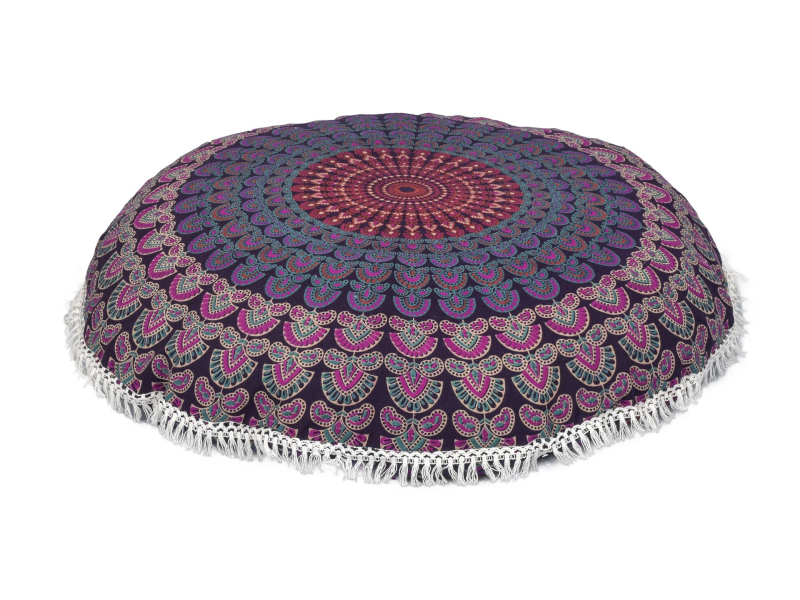Meditační polštář, kulatý, 80x13cm, fialový, paví mandala, bílé třásně