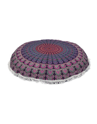 Meditační polštář, kulatý, 80x13cm, fialový, paví mandala, bílé třásně