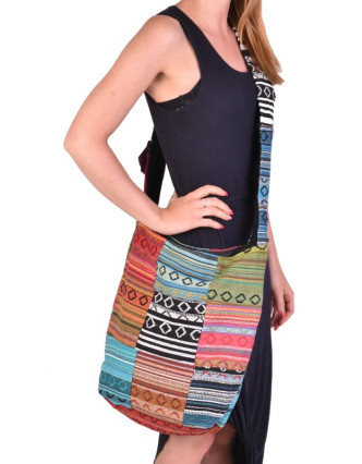 Taška přes rameno, "ghari barevné proužky", patchwork, kapsy, zip, 35x40cm