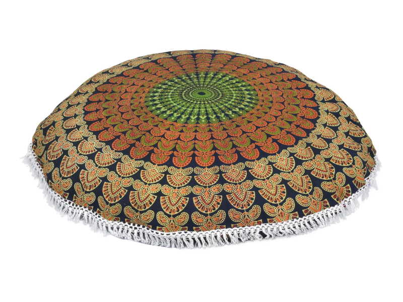 Meditační polštář, kulatý, 80x13cm, zelený, paví mandala, bílé třásně