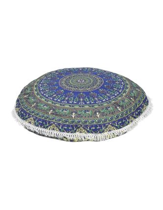 Meditační polštář, kulatý, 80x13cm, modro-zelený, mandala a sloni, třásně
