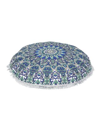 Meditační polštář, kulatý, 80x13cm, šedo-modrý, mandala, třásně