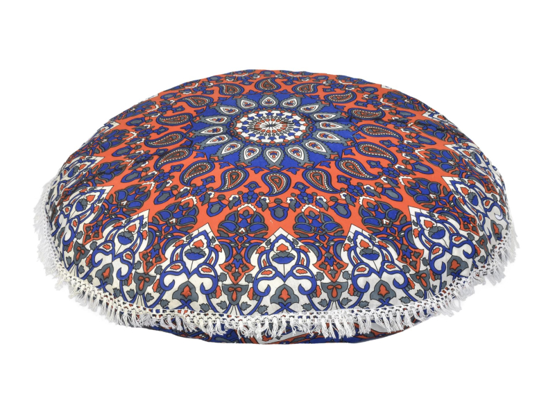 Meditační polštář, kulatý, 80x13cm, modro-oranžový, mandala, třásně