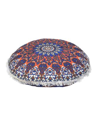 Meditační polštář, kulatý, 80x13cm, modro-oranžový, mandala, třásně