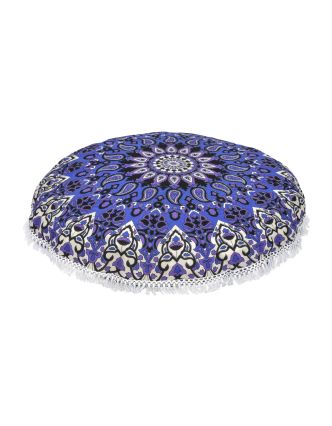 Meditační polštář, kulatý, 80x13cm, modro-fialový, mandala, třásně