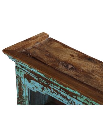 Prosklená skříňka z teakového dřeva, tyrkysová patina, 60x23x62cm