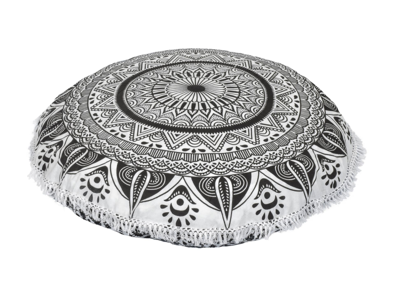 Meditační polštář, kulatý, 80x13cm, černo-bílý, velká mandala, bílé třásně