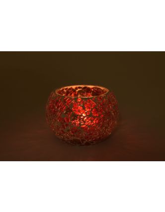 Lampička, skleněná mozaika, kulatá, červeno-zlatá, průměr 9cm, výška 7cm