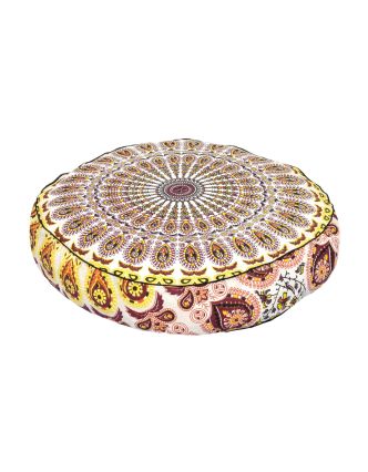Meditační polštář, kulatý, 60x13cm, bílo-vínový, paví mandala