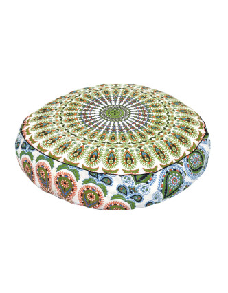 Meditační polštář, kulatý, 60x13cm, bílo-zelený, paví mandala