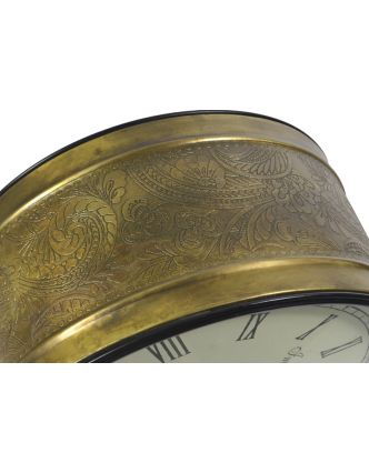 Oboustranné závěsné hodiny, zlatá, květinový motiv, zdobený mosazný plech, 26cm