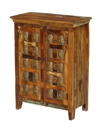 Komoda z teakového dřeva, zdobená mosaznými Buddhy, 77x40x103cm