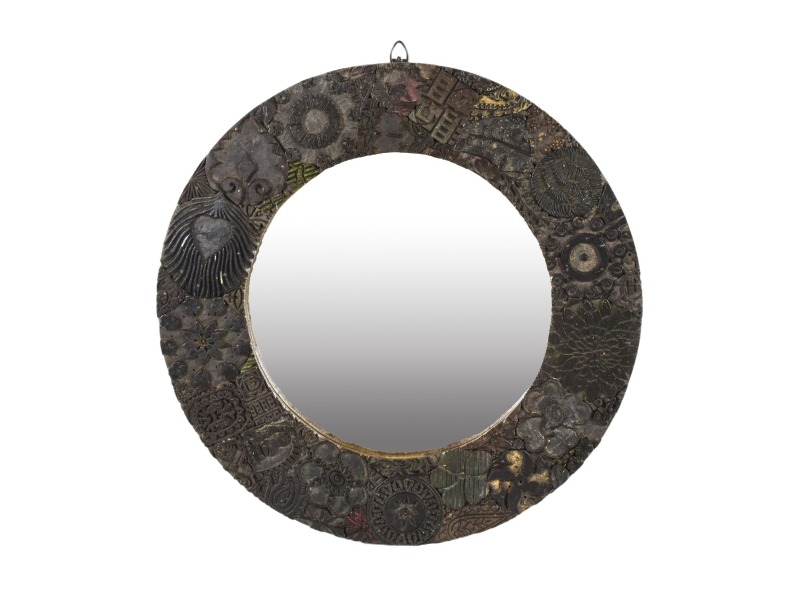 Zrcadlo v kulatém rámu z teakového dřeva zdobené starými raznicemi, 60x4x60cm