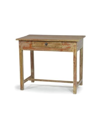 Psací stůl z antik teakového dřeva se šuplíkem, bílá patina, 90x53x77cm