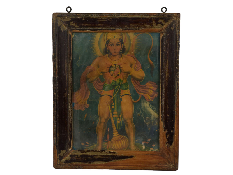 Starý obraz hinduistického božstva v teakovém rámu, Hanuman, 31x2x39cm