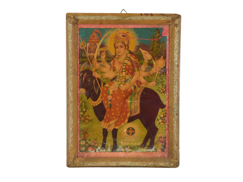 Starý obraz hinduistického božstva v teakovém rámu, 27x2x38cm