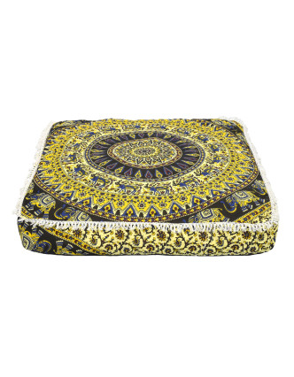 Meditační polštář, čtverec, 95x15cm, žluto-modrý, mandala, třásně