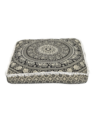 Meditační polštář, čtverec, 95x15cm, černo-bílý, mandala, třásně