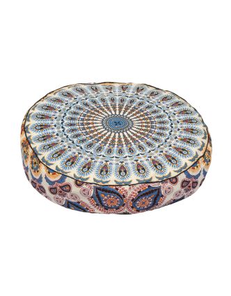 Meditační polštář, kulatý, 60x13cm, bílo-modrý, paví mandala