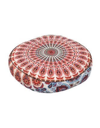 Meditační polštář, kulatý, 60x13cm, bílo-červený, paví mandala