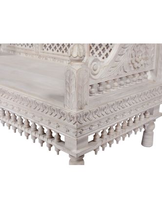 Masivní lavice z mangového dřeva, bílá patina, ručně vyřezávaná, 147x62x91cm