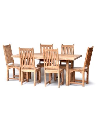 Jídelní stůl a 6 židlí z antik teaku, bílá patina, 185x90x78cm