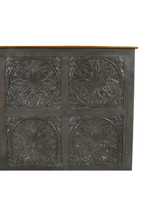 Postel z mangového dřeva, ručně vyřezávaná, šedá patina, 180x200x140cm