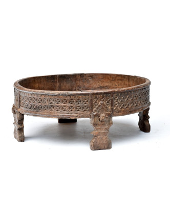 Ručně vyřezávaný kulatý stolek z antik teakového dřeva, prům. 80m výška 33cm