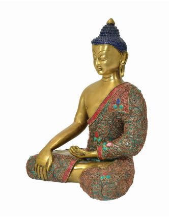 Buddha Sakyamuni, mosazná socha zdobená polodrahokamy, 22,5x13x29cm