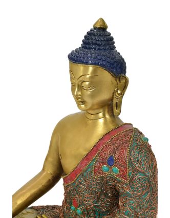 Buddha Sakyamuni, mosazná socha zdobená polodrahokamy, 22,5x13x29cm