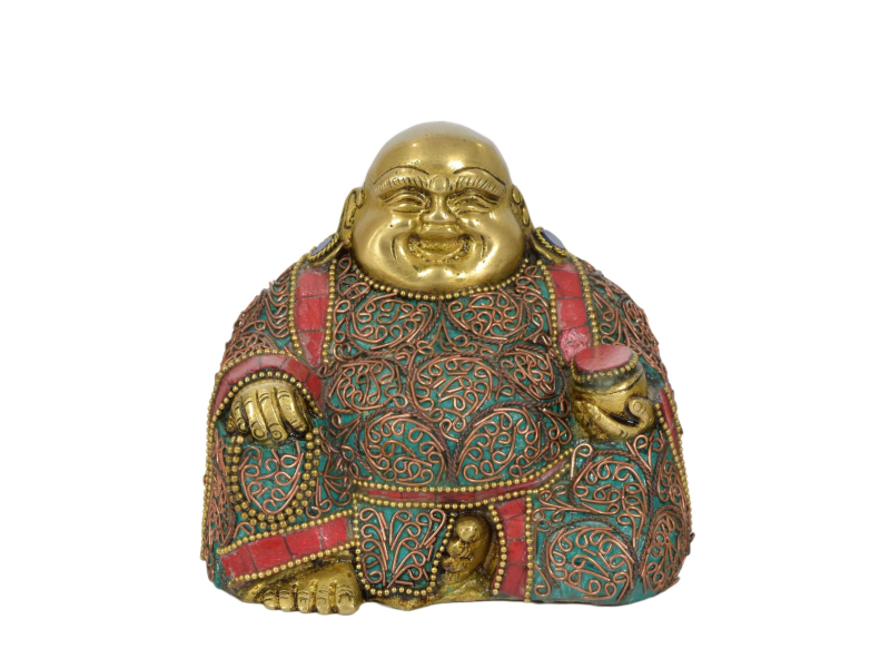 Smějící se Buddha pro štěstí a prosperitu, mosazná socha zdobená polodrahokamy