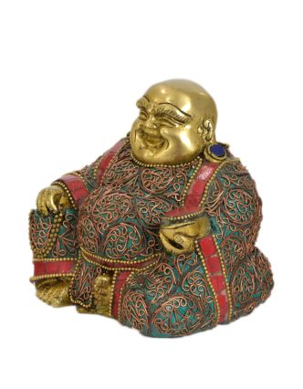 Smějící se Buddha pro štěstí a prosperitu, mosazná socha zdobená polodrahokamy