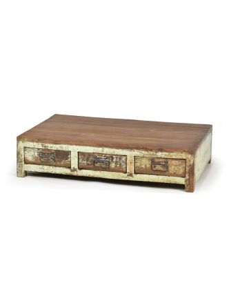 Nízký stolek s šuplíky z antik teakového dřeva, zelená patina, 84x54x20cm